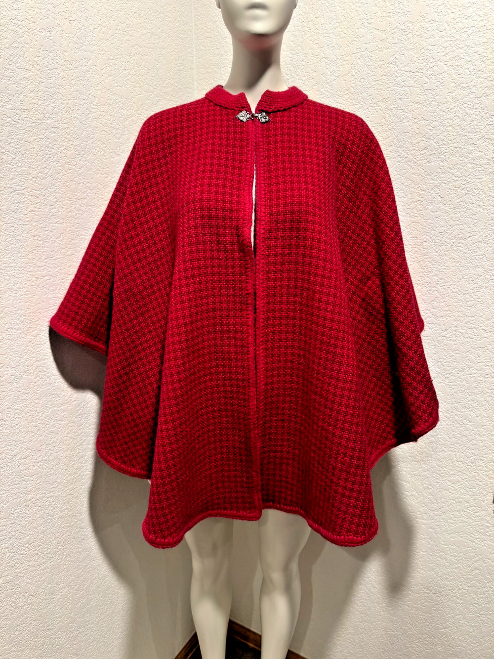 Vintage 60s Mod Checkered Cape Womens Wool Cloak Coat Shawl Scarf Handmade Red